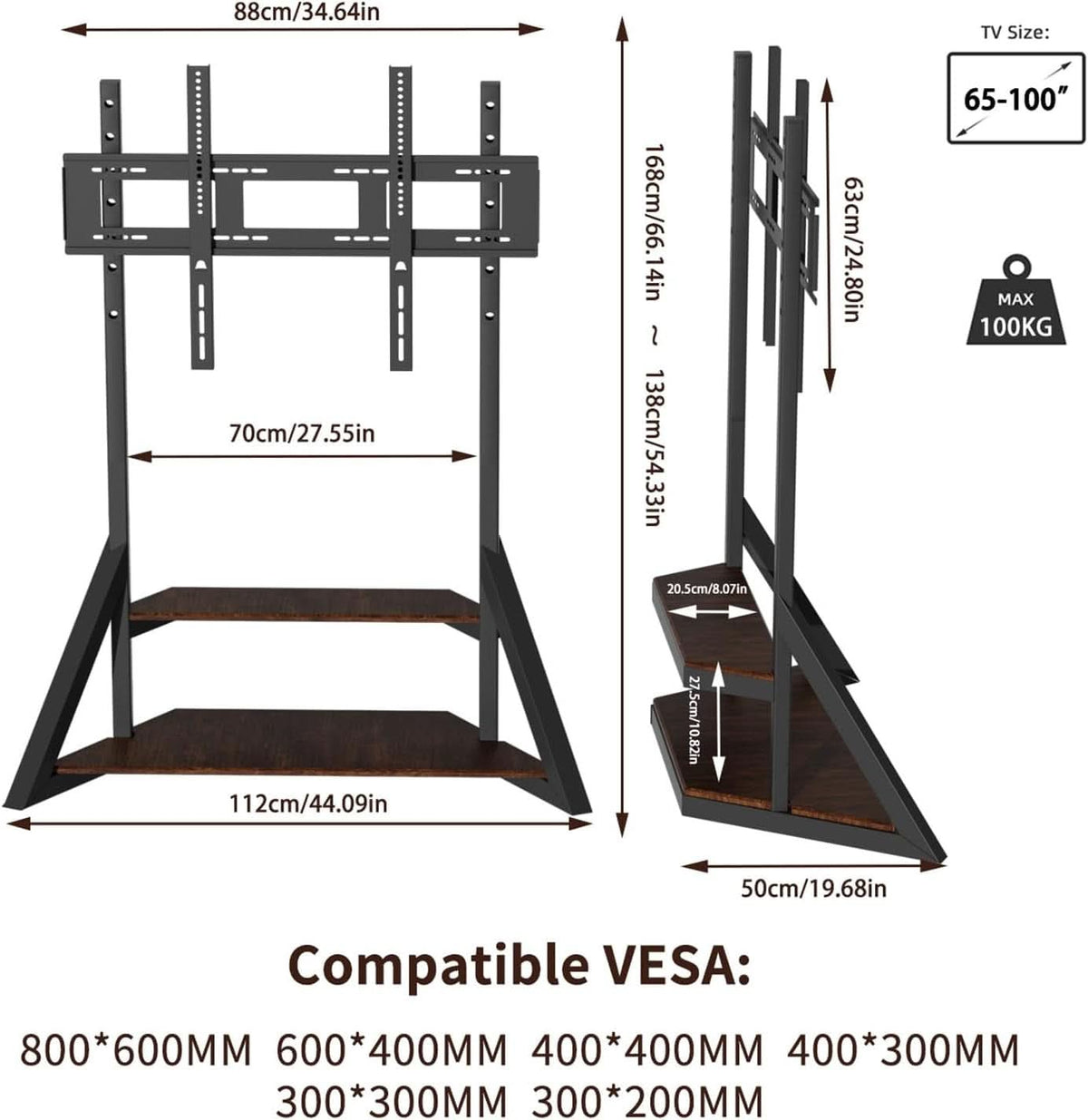Rolling TV Floor Stand With Adjustable Shelving Unit