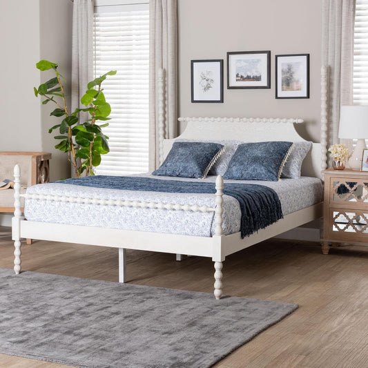 Four-Poster Platform Bed White Queen Spindle Posts-1