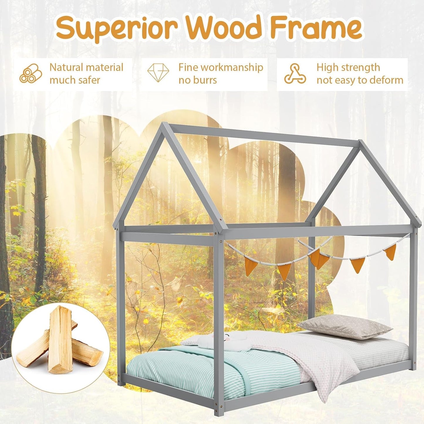 Grey Twin Montessori Playhouse Bedstead Slats Frame