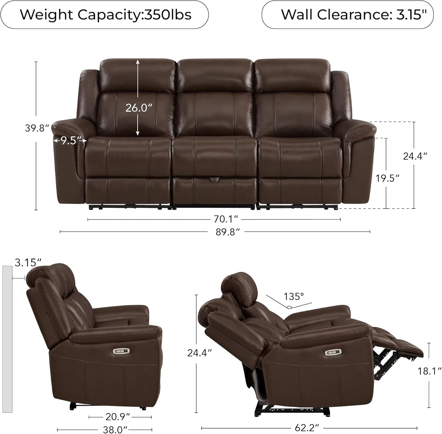 Dark Brown Genuine Leather Power Recliner Sectional