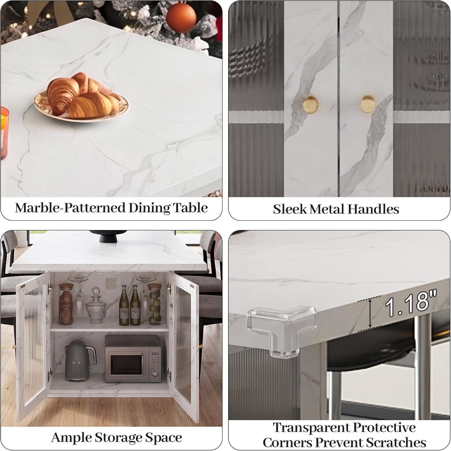 Extendable Dining Table White Marble Storage Compartment