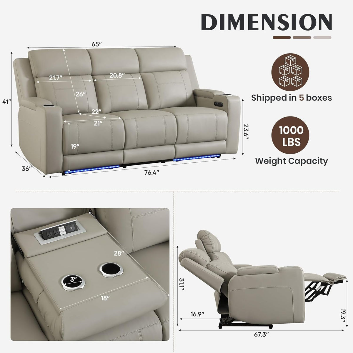 Grey Luxurious Leather Reclining Sofa With Headrest