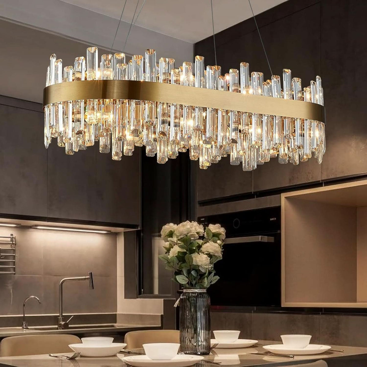 Crystal Chandelier Gold Rectangular Pendant Ceiling Light