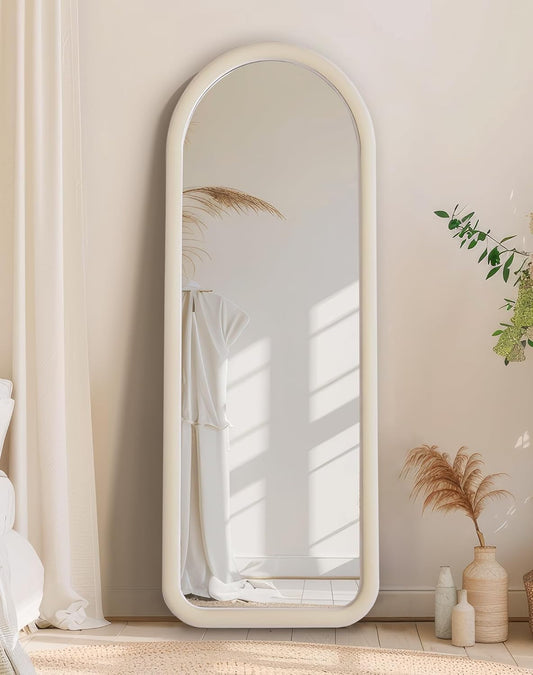 Cream White Velvet Arched Floorstanding 55Inch Mirror