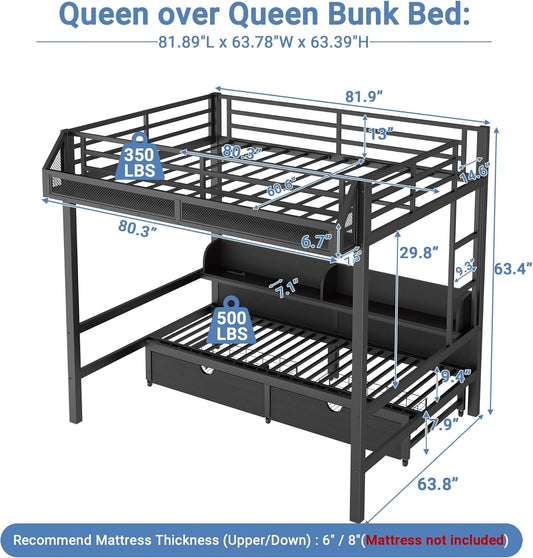 Queen Over Queen Metal Bunk Bed USB Charging Ports And LED