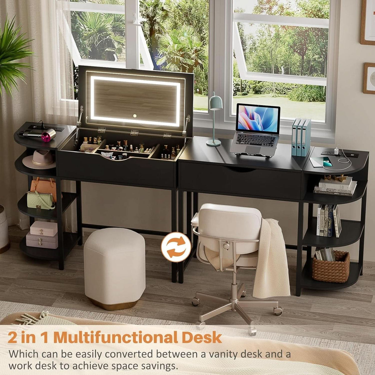 Black Vanity Desk With Multifunctional Ambient Mirror