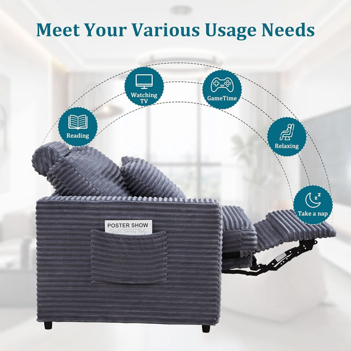 Blue Modular Sectional Sofa With Electric Recliners