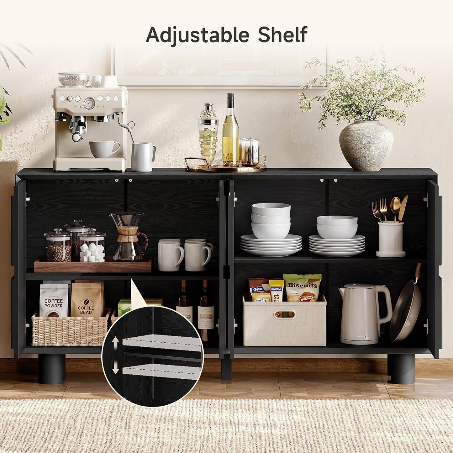 Black Fluted Buffet Cabinet With Storage Compartments