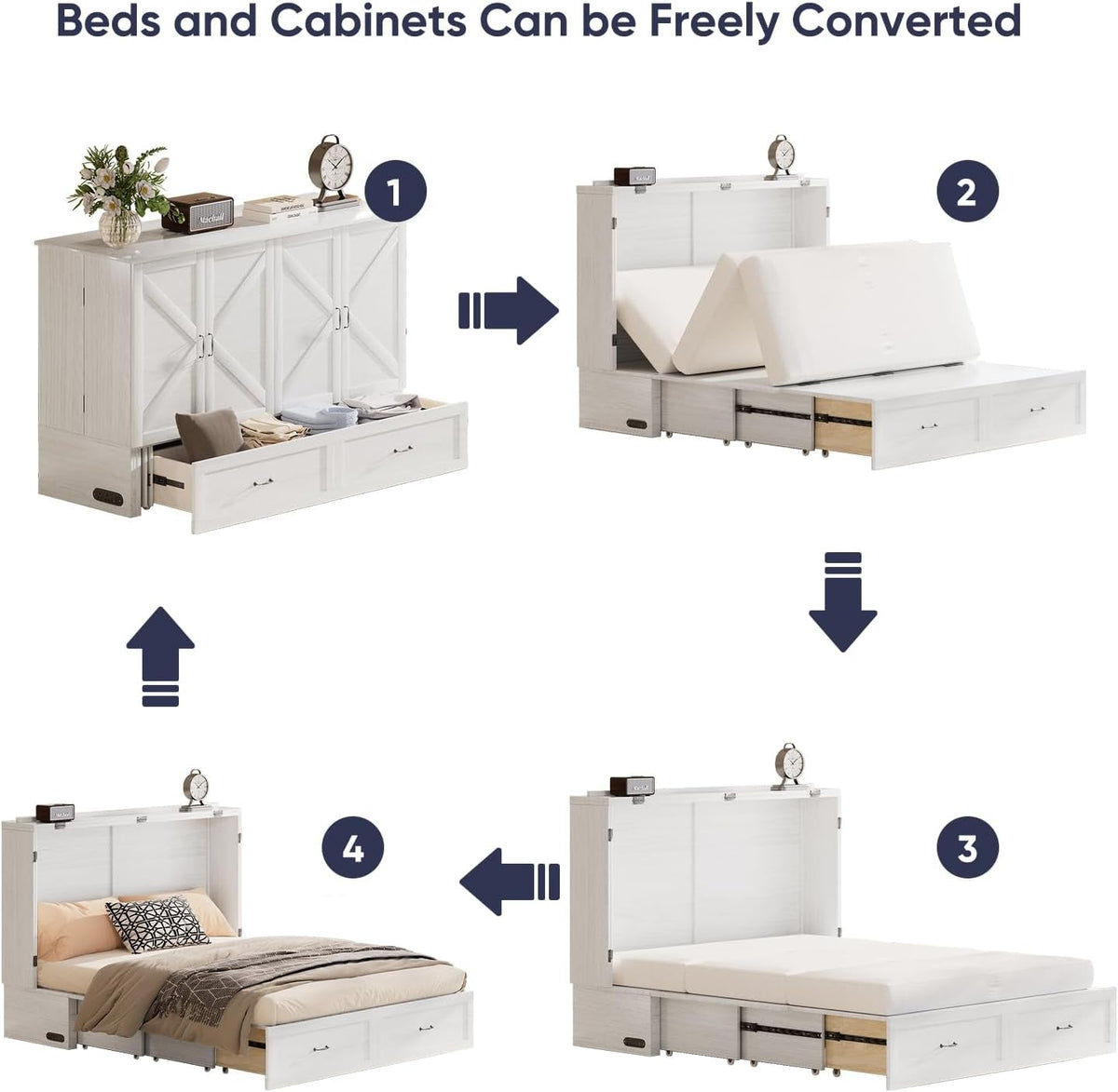 White Queen Murphy Cabinet Bed With Storage Drawers-4