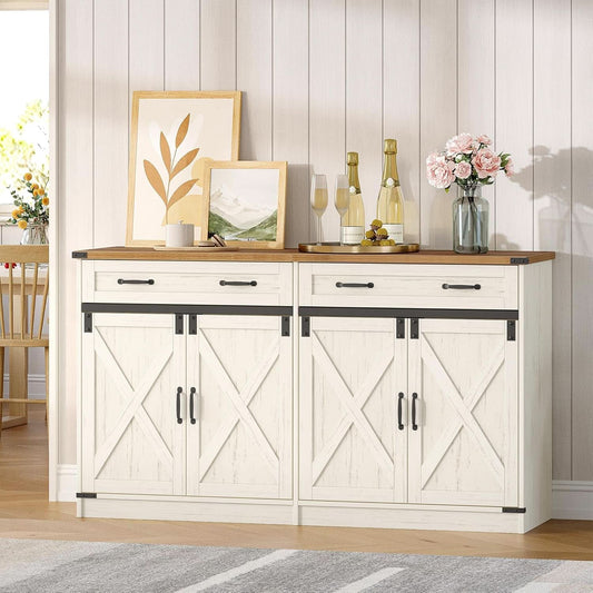 White Brown Farmhouse Buffet Cabinet Adjustable Shelves-1