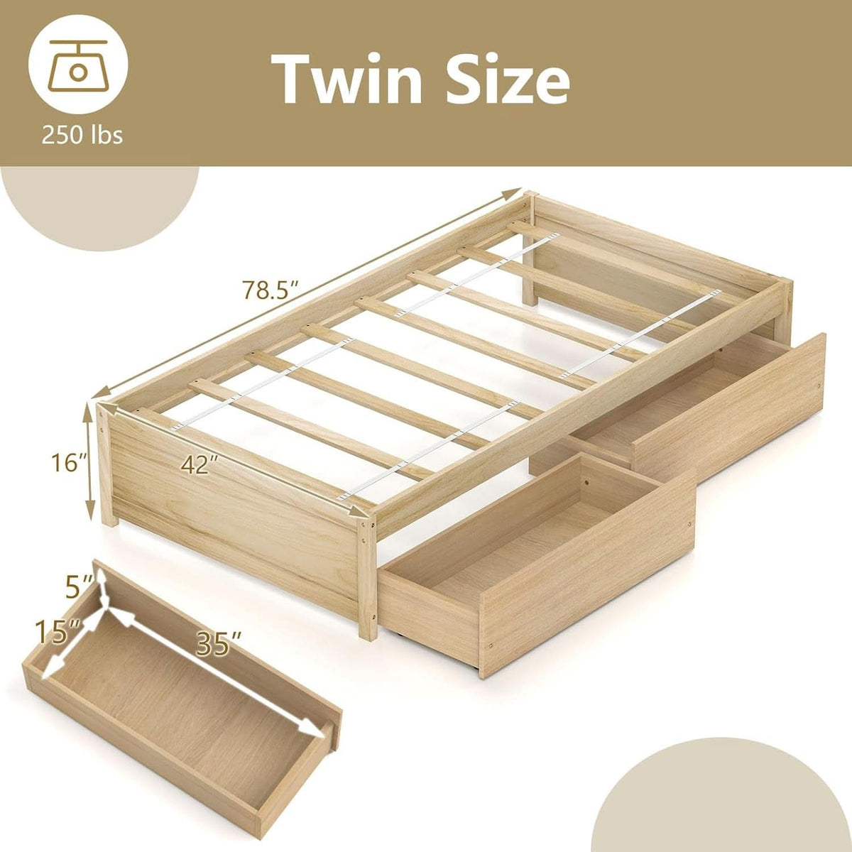 Twin Platform Bed Frame Featuring Integrated Drawers
