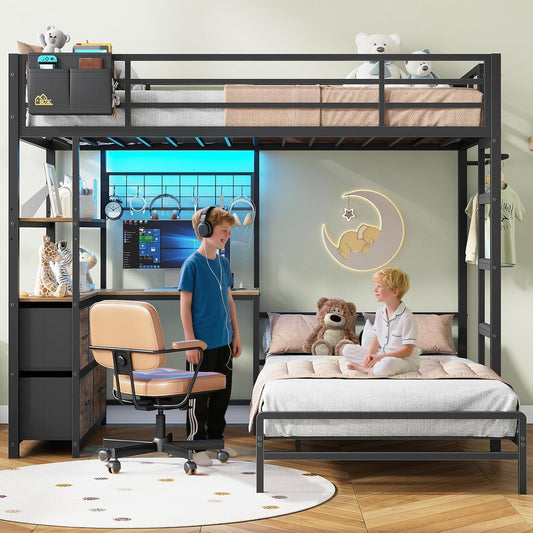 Black ExtraLongXL Over Twin Bunk Bed With LEDLightingStorage