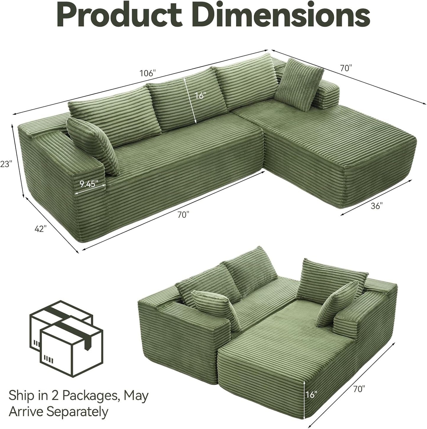 106 Inch Emerald Corduroy Luxurious Sectional Sofa