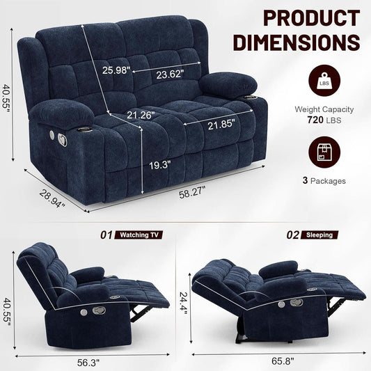 Blue Fabric Reclining Loveseat With USB Ports For Living Room