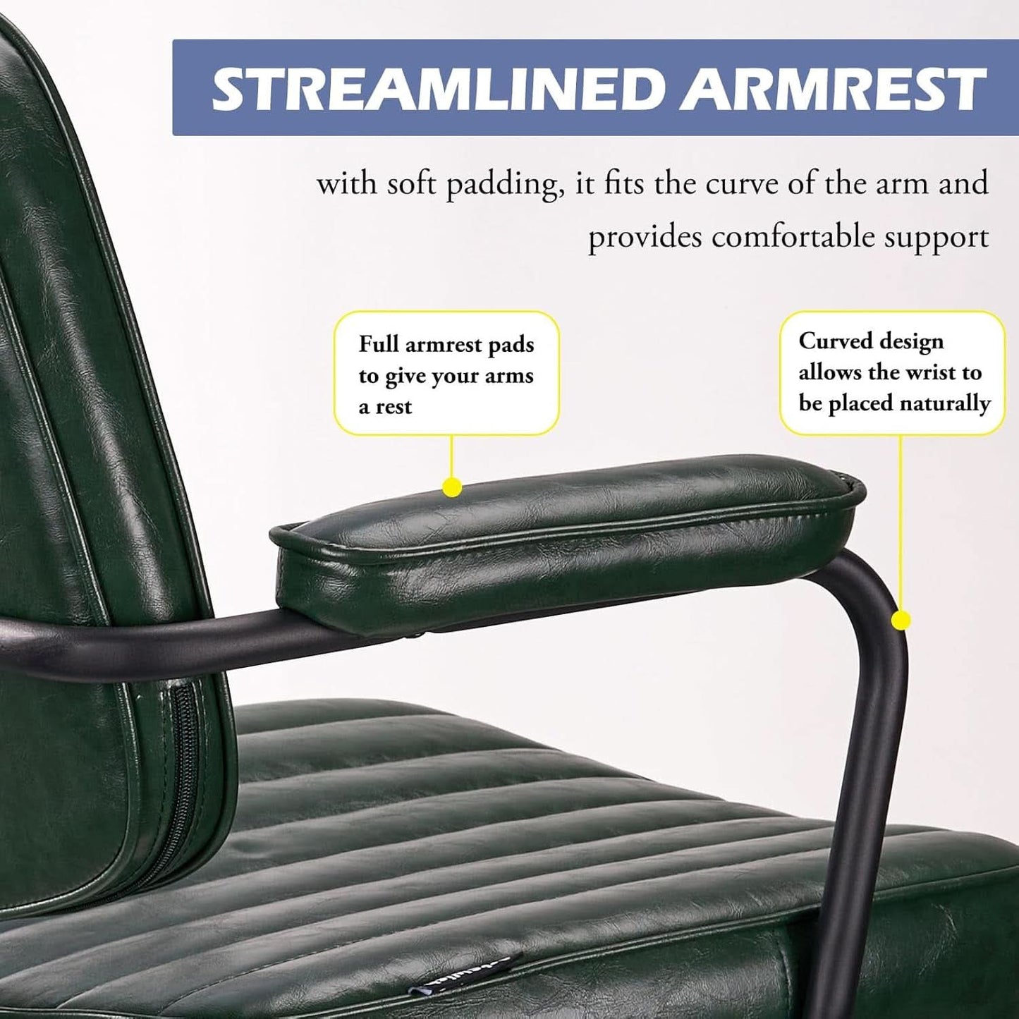 Green Leather Mid Century Office Chair With Wheels And Arms-4