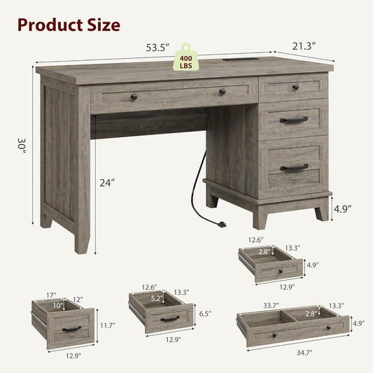 53Inch Rustic Farmhouse Desk With Charging Station