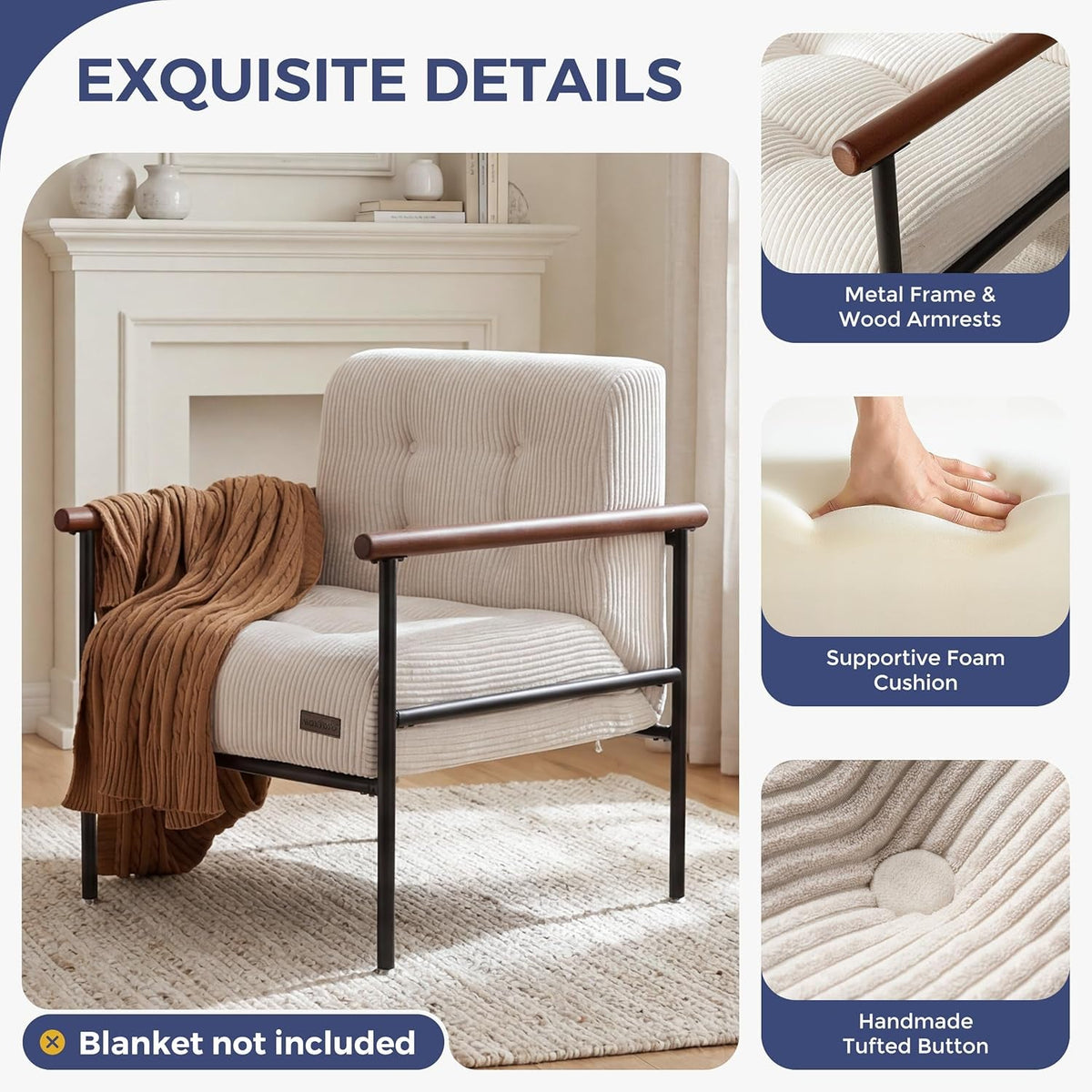 Beige Upholstered Decorative Chair With Metal Frame