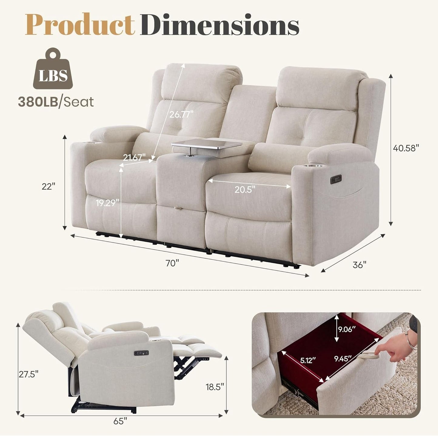Beige Tray Table Power Reclining Loveseat With Console