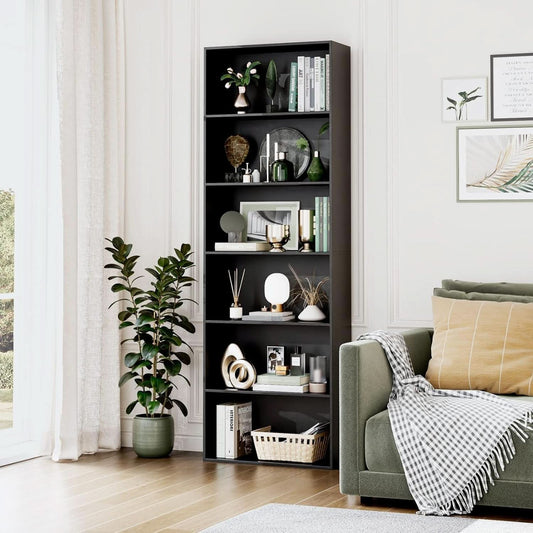 Six Tier Open Bookcase Tall Freestanding Shelving Black-1