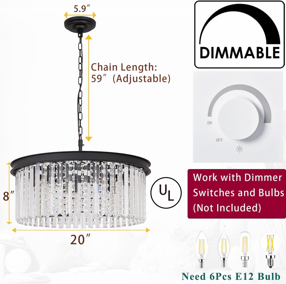 Elegant Black Chandelier TwentyInch Pendant Ceiling Light-4