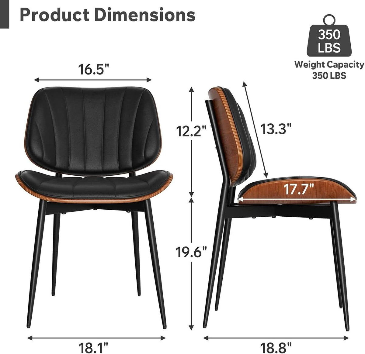 2 Black Faux Leather Mid Century Modern Dining Chairs