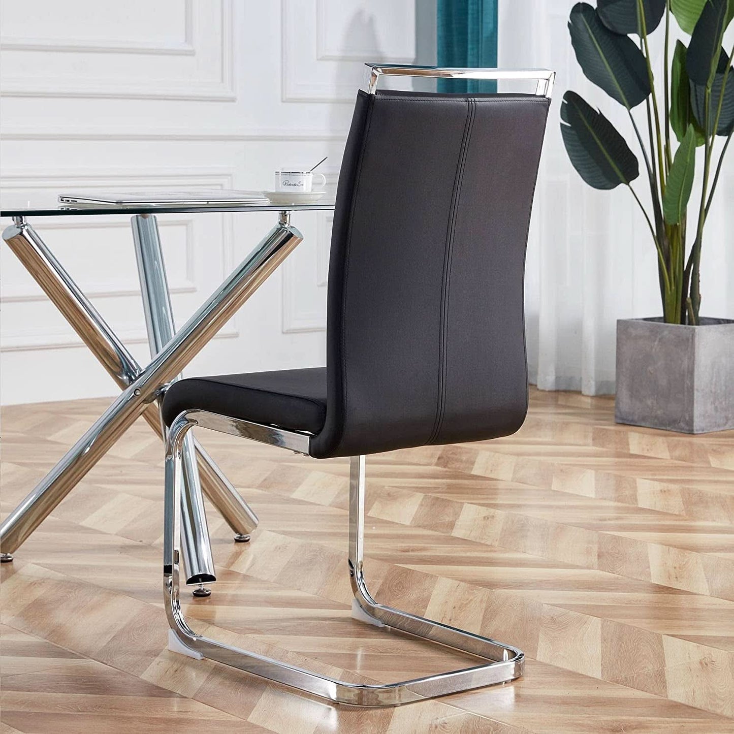 6 Piece Black PU Leather Dining Chairs With Metal Legs