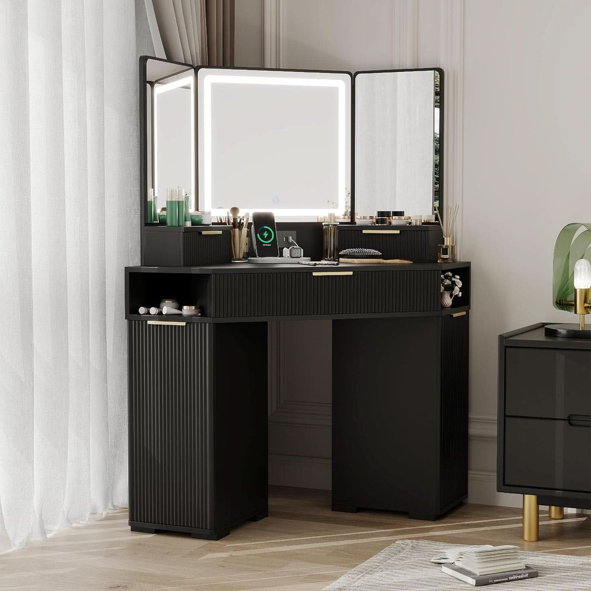 Charcoal Corner Vanity Desk With Crystallized Mirrors