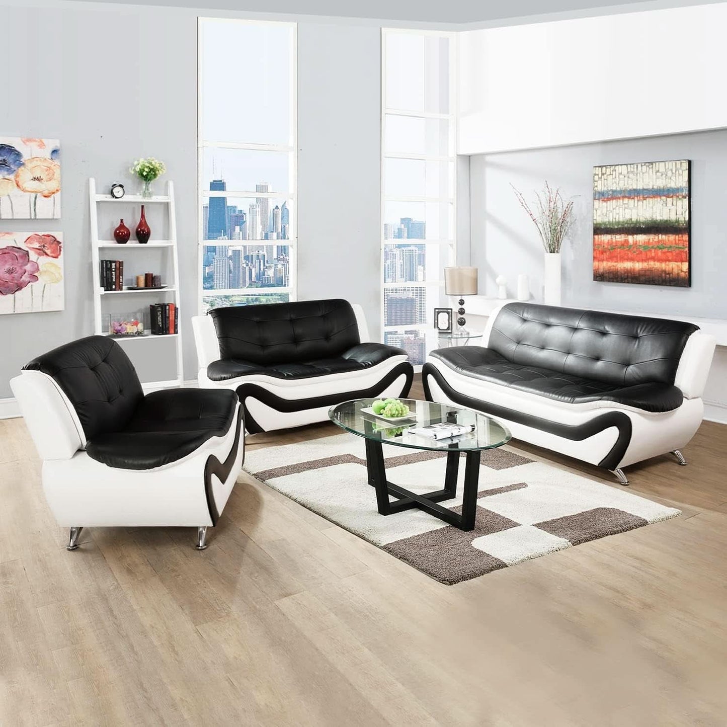 Living Room Faux Leather Sofa Set 3 Piece Black White