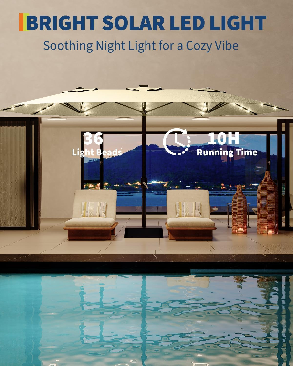 Fifteen Foot Outdoor Patio Umbrella Solar LED Lighting
