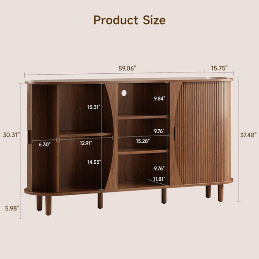 Walnut 59 Inches Curved Contemporary Buffet Cabinet