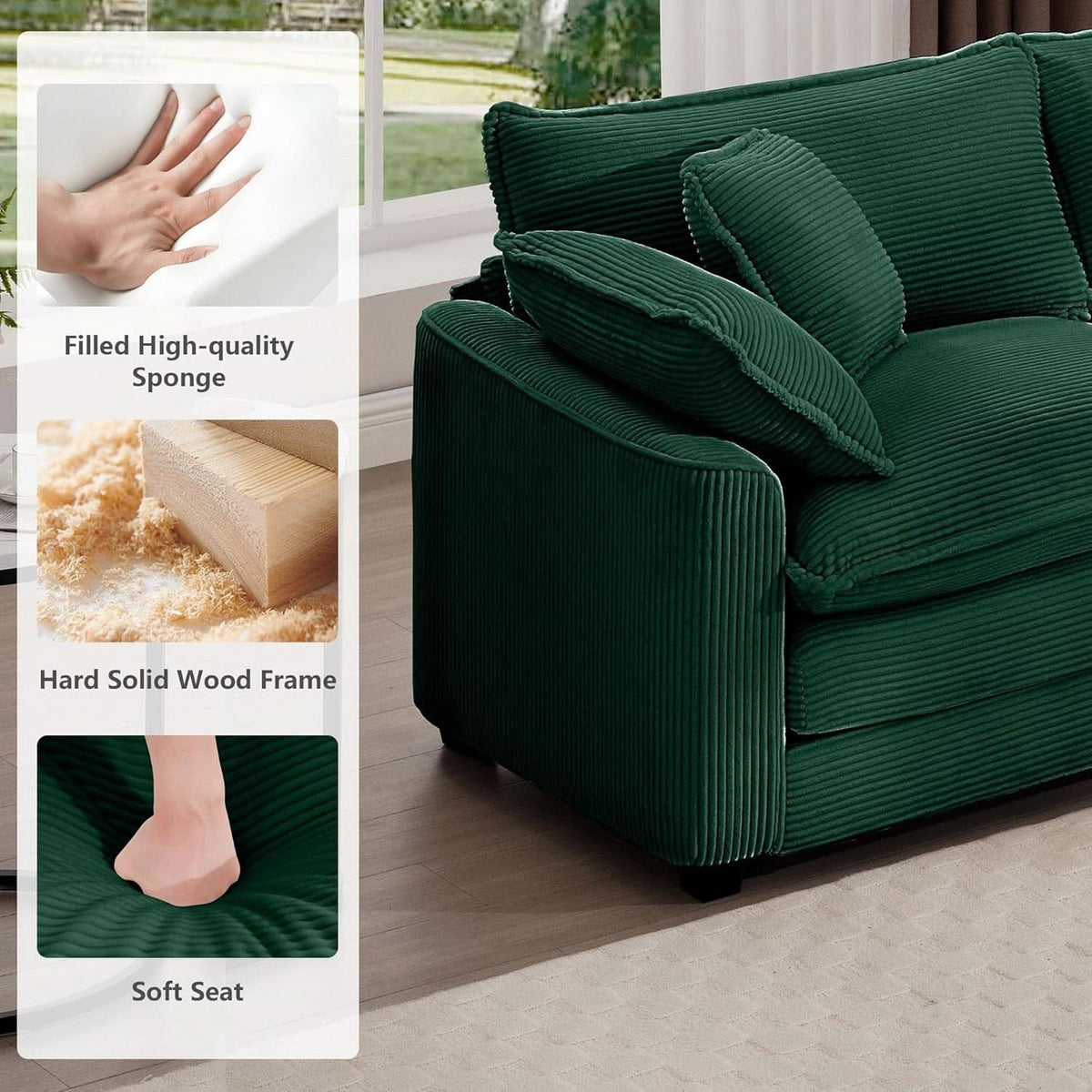 Oversized 2 Piece Sofa Set 3 Seater Loveseat Green