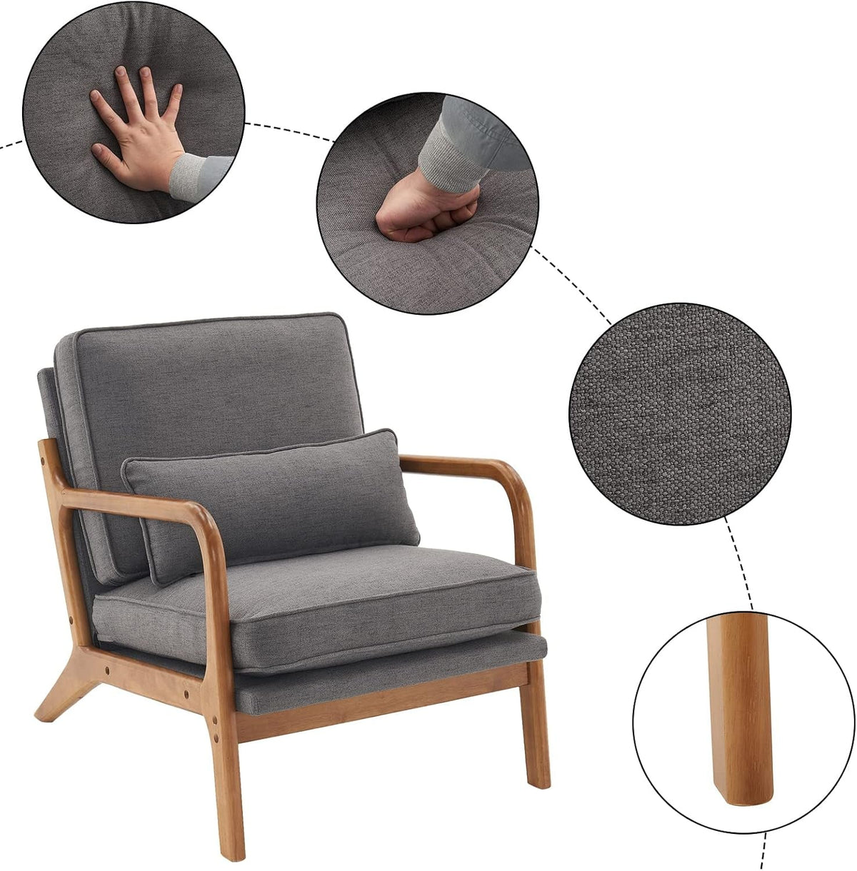 Gray Linen Upholstered MidCentury Chair With Pillow