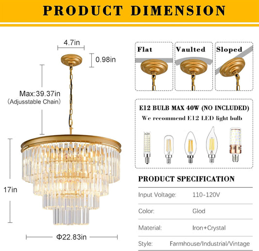 Gold Crystal Chandelier 22.9in Ceiling Pendant Light-1