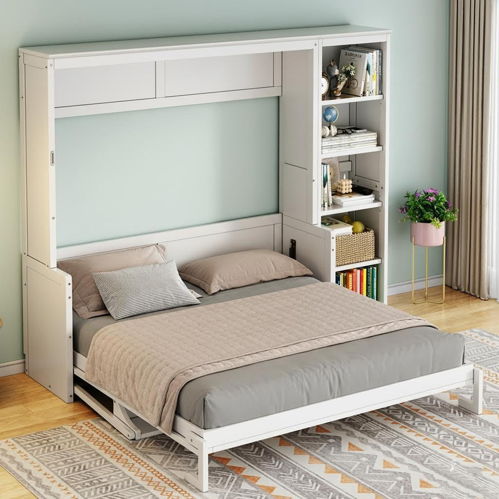 Queen Murphy Bed Desk Workspace Integrated Bookshelf White