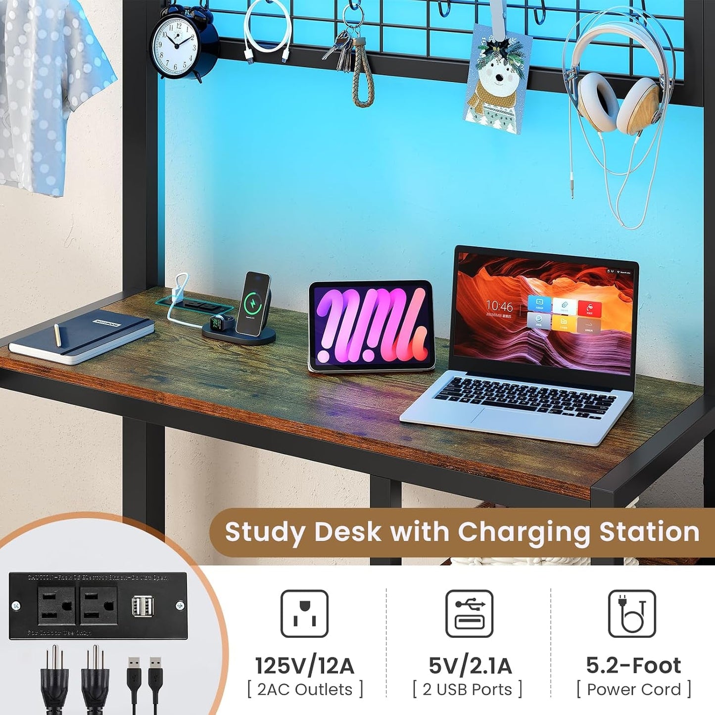 Twin Over Twin Bunk Bed With Desk Integrated LED Lighting