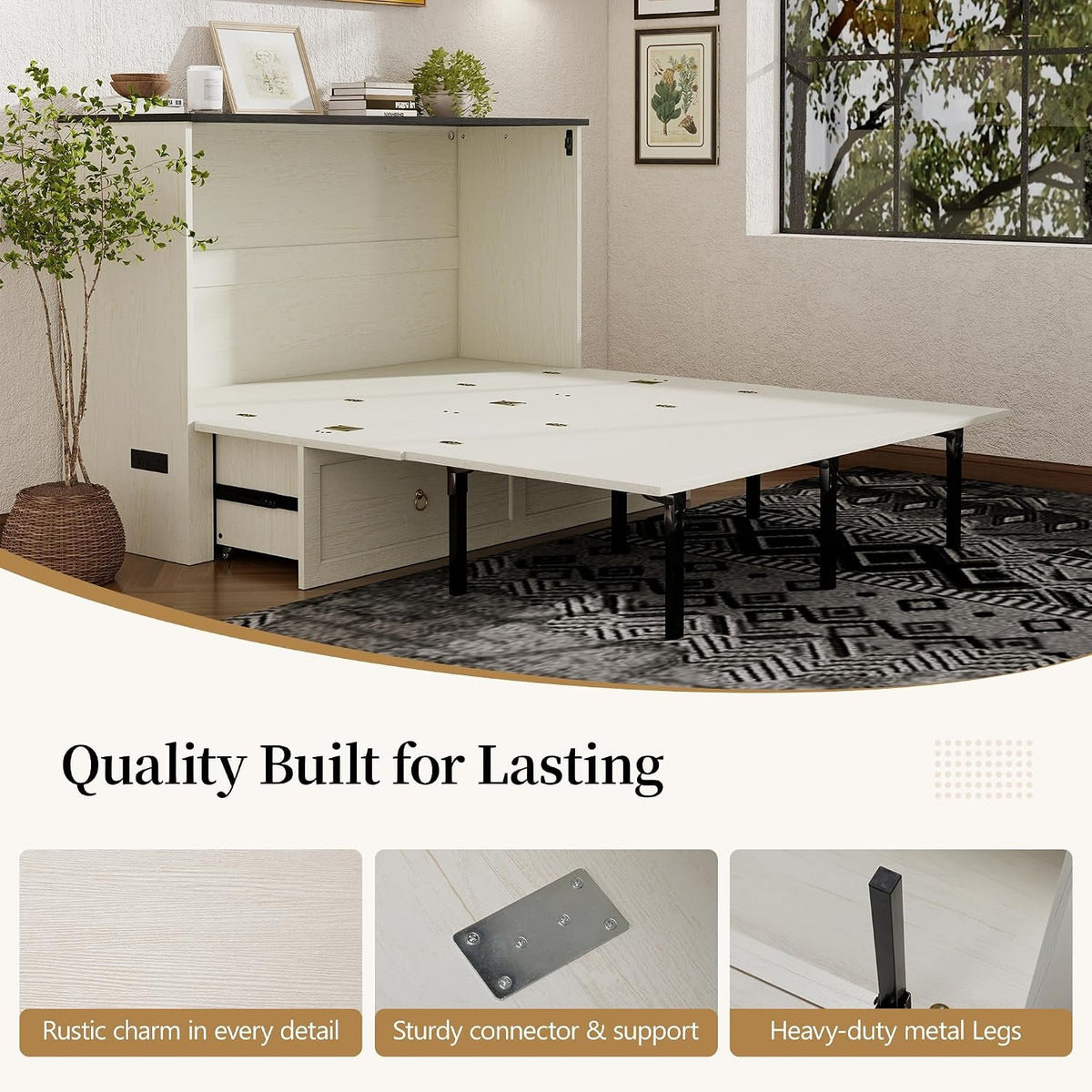 Rustic White Queen Size Murphy CabinetBed USB Charging-4