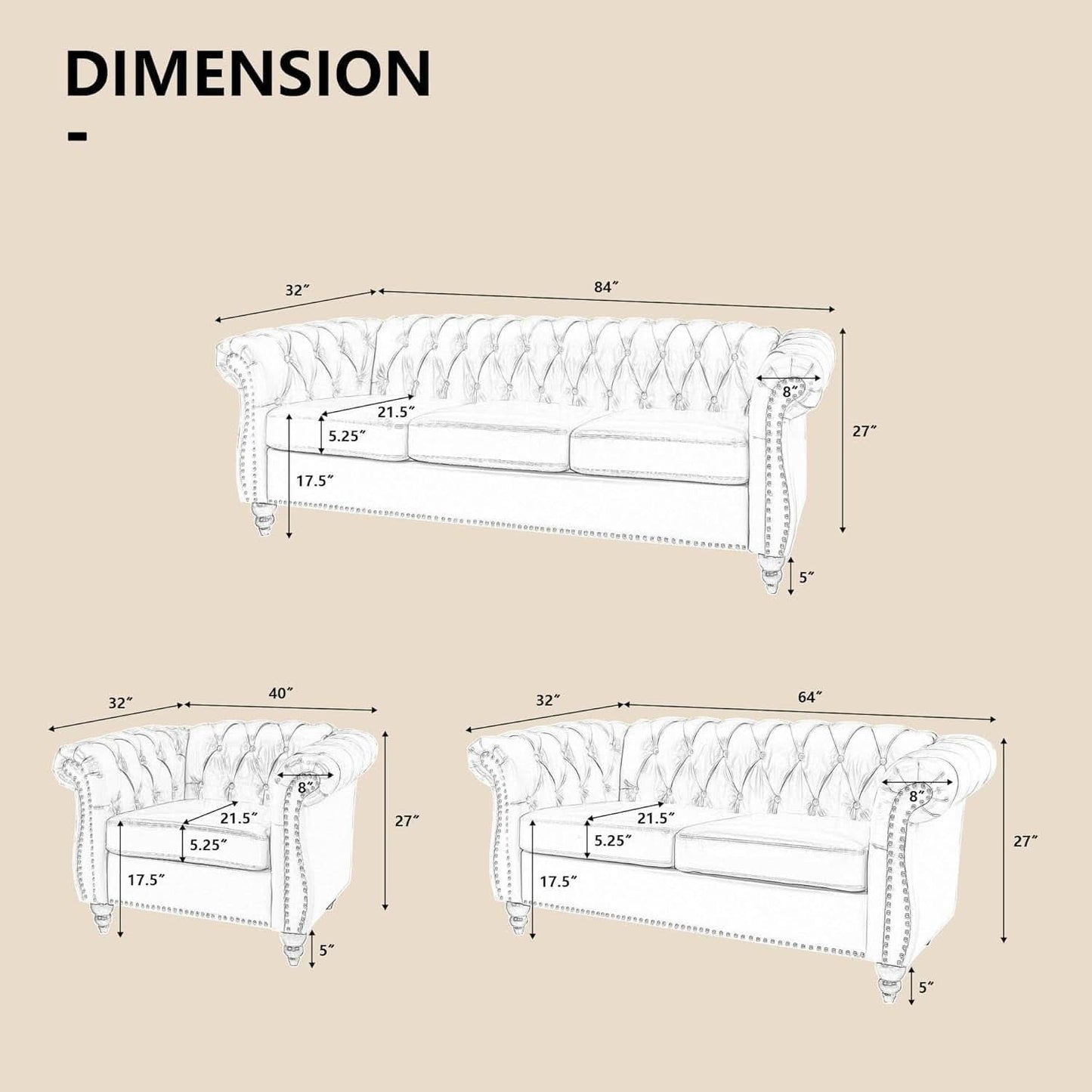 Beige Velvet Sectional Sofa Set With Button Tufting