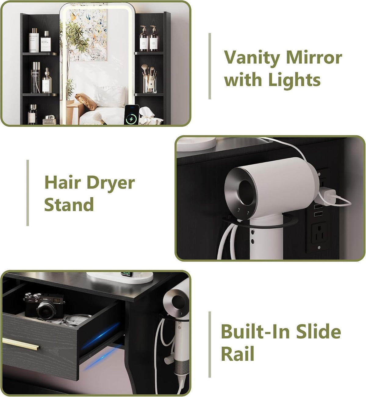 Miniature Black Vanity Table With LED Illumination
