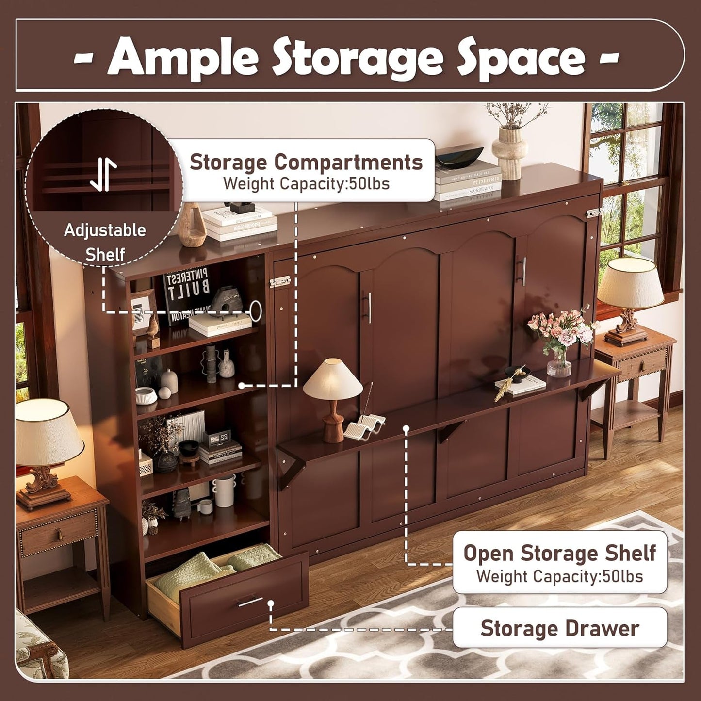 Queen Horizontal Murphy Bed With Desk Walnut Finish-4