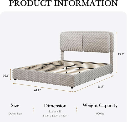 Queen Size Cream Corduroy Upholstered Platform Bed