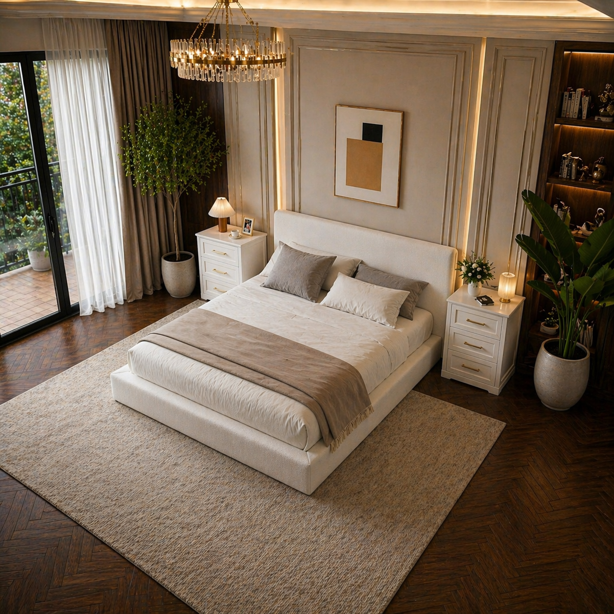 King Cloud Upholstered Bed Frame with Headboard + 2 White Nightstands Set with Charging Station