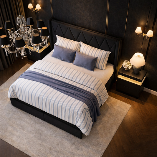 Queen Upholstered Storage Bed with 4 Drawers and Charging Headboard with 2 Black Nightstands Set-1