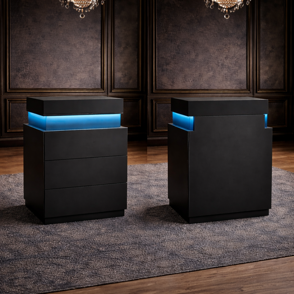 Queen Black Upholstered Platform Bed LED Nightstands-4