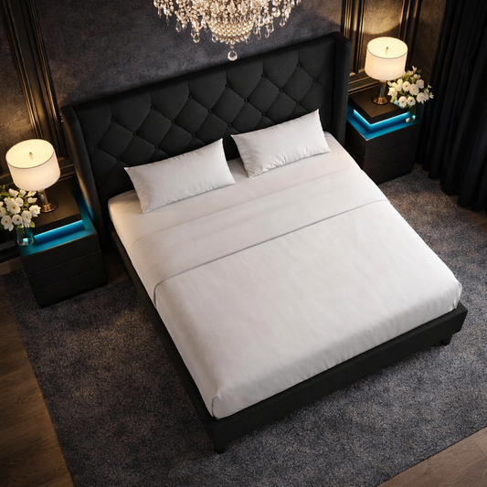Queen Black Upholstered Platform Bed LED Nightstands-1