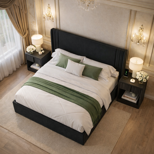 Queen Velvet Wingback Bed with 2 Fluted Nightstands Set Black Upholstered Platform Bed-1