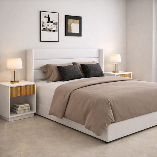 Queen Velvet Hydraulic Storage Bed with 2 Fluted Nightstands – White Oak Set-1