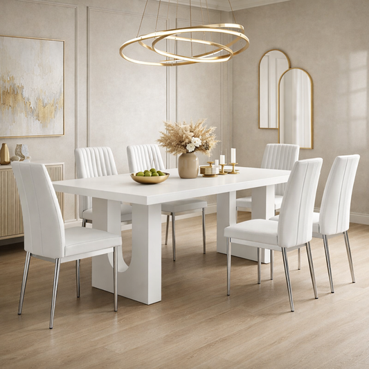 71 Inch Modern Dining Table Set with 6 PU Leather Chairs White Dining Room Set-1