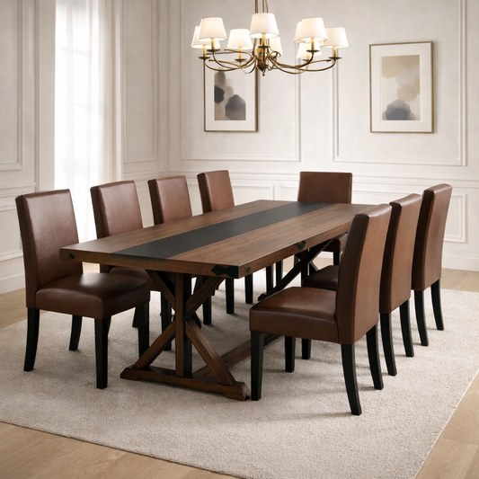 71" Farmhouse Dining Table Set with 6 PU Leather Chairs, Rectangular Brown Finish
