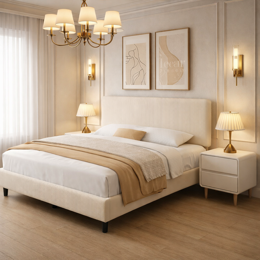 Queen Chenille Upholstered Platform Bed with 2 Solid Wood Nightstands Beige White Set