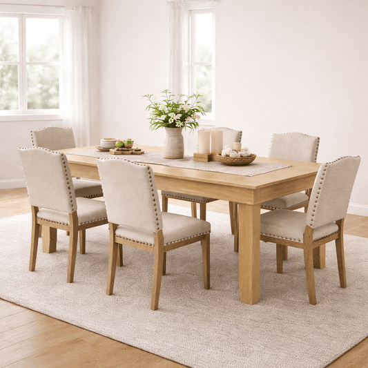 71-inch Farmhouse Dining Table with 6 Upholstered Chairs Set – Seats 6